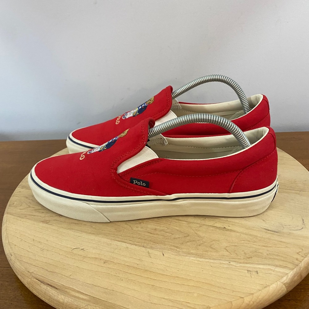 Polo Ralph Lauren Keaton Polo Bear Slip On Canvas Sneakers Shoes Red Mens Sz 9 - Picture 4 of 15